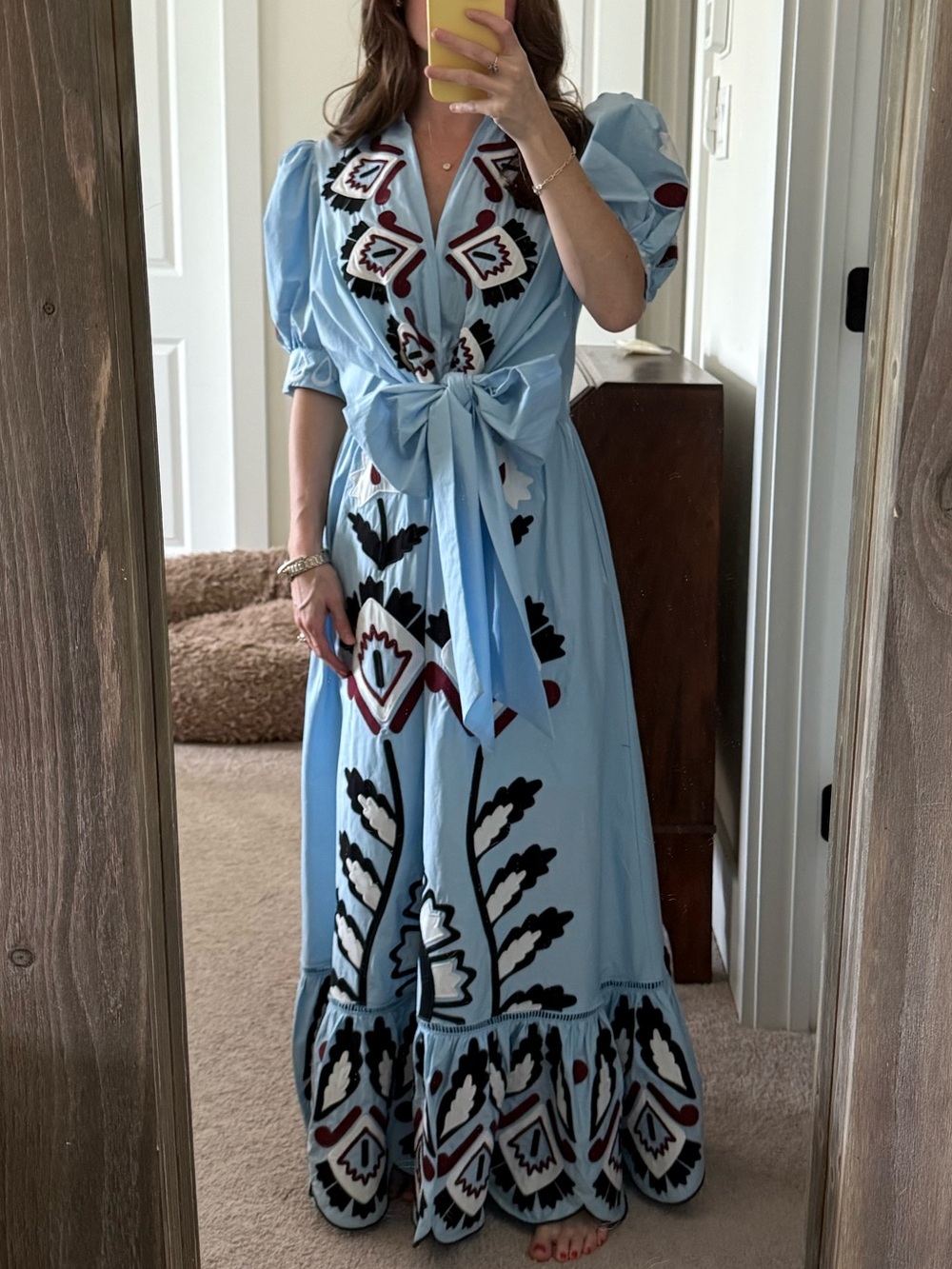 Farm Rio Blue Artisanal Embroidered Lace Front Bow Maxi Dress NWOT - Picture 3 of 3